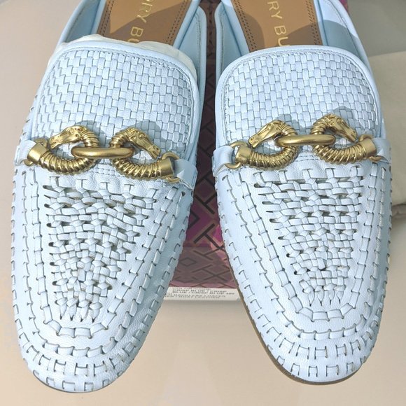 Tory Burch $348 Jessa Woven Backless Loafer Icy Blue Crisp 6 - Picture 3 of 15